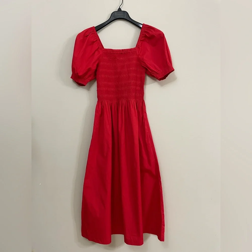 Madewell Smocked Puff Sleeve Midi Dress in Poplin NWT Size XS